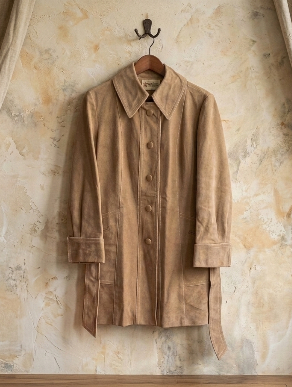 Vintage 1970s Debbi Robert Camel Faux Suede Trench Coat